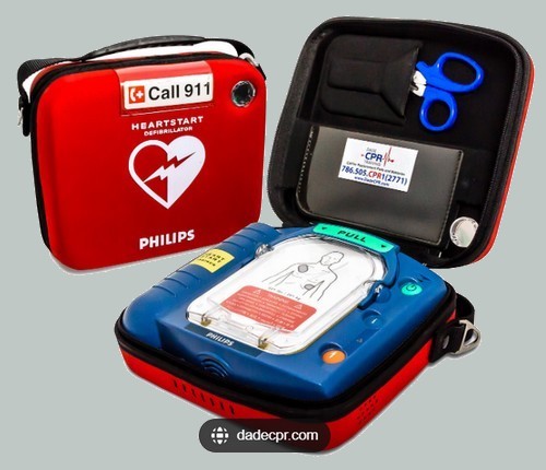 Photo of a Defribillator, courtesy of https://www.dadecpr.com/